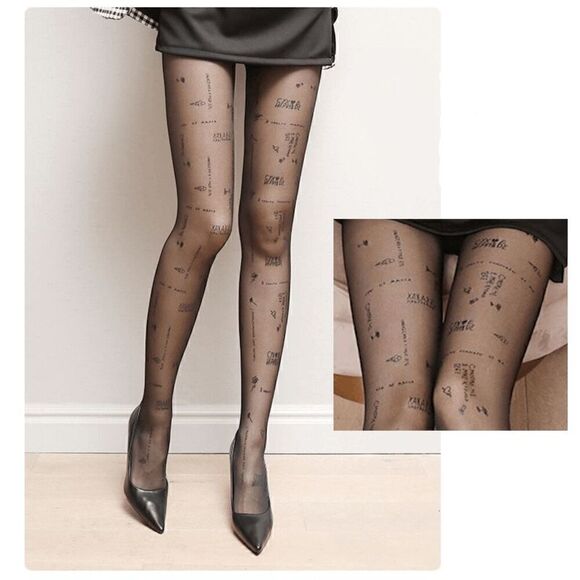 Funny Russian Text Letters Tattoo Printed Black Sheer Nylon Pantyhose Tights NEW - Picture 5 of 9